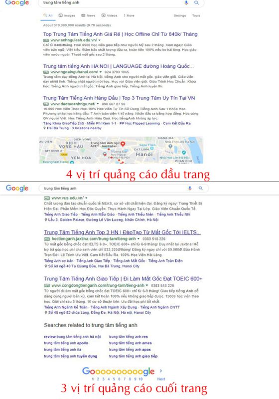 vị trí quảng cáo google search